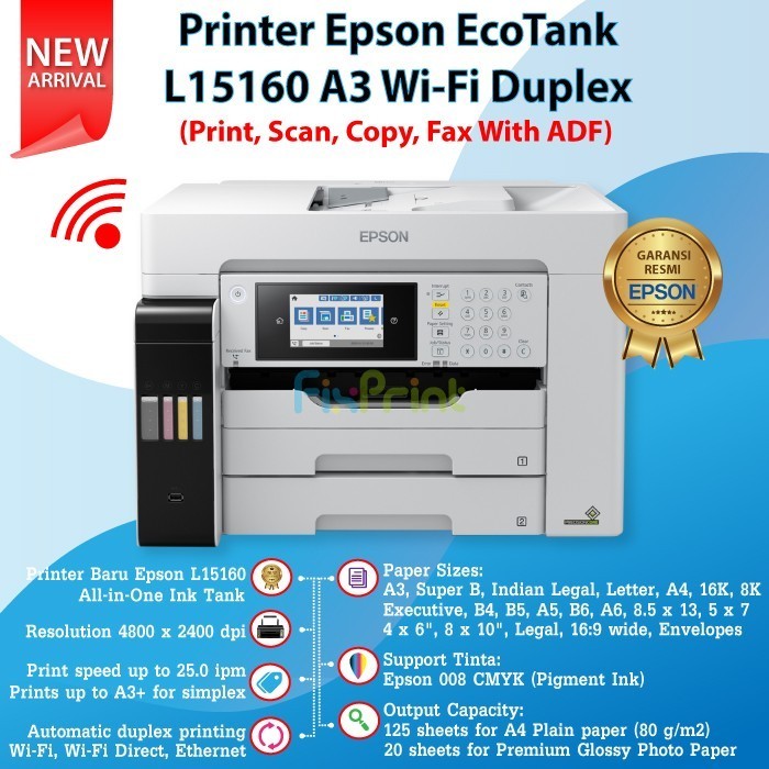 Printer Epson Ecotank L15160 A3 Fax Wifi Duplex All In One Best