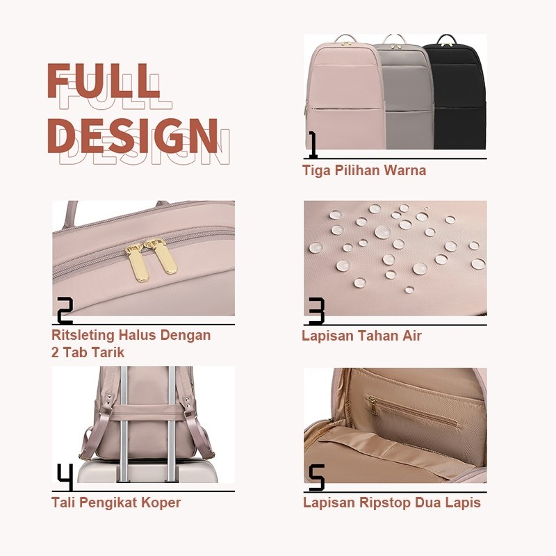 [BEAUTY LR COLLECTION] FULL DESIGN Kinsley Tas Laptop Tas Ransel Wanita Nylon Tahan air 14" Backpack