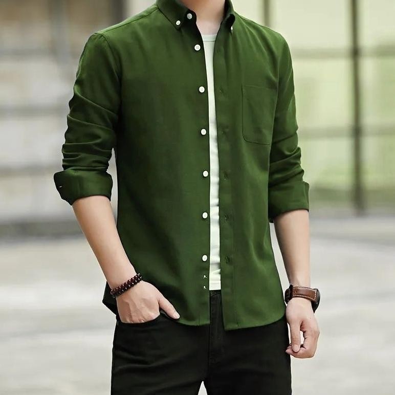 Kemeja Pria Polos Lengan Panjang Maroon Hitam Navy Bahan Katun Premium Hem Kantor dan Kasual