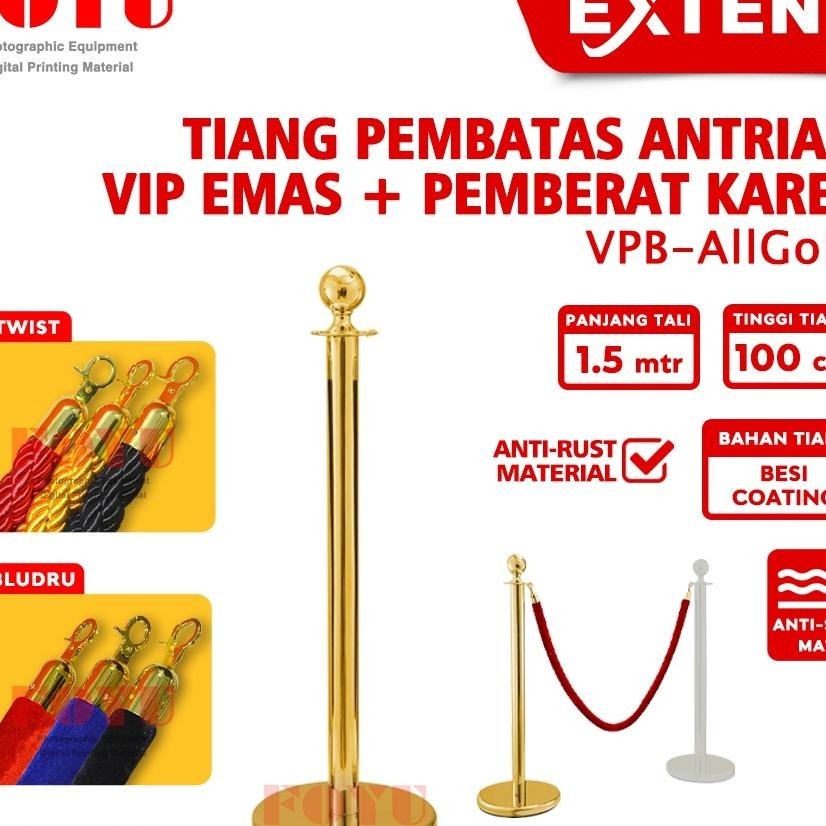 

Tiang Pembatas Antrian Antrean VIP Emas Gold Besi Coating Queue Line Pole Tali Bludru Veet Twist Railing Stand Extend VPB-Alold