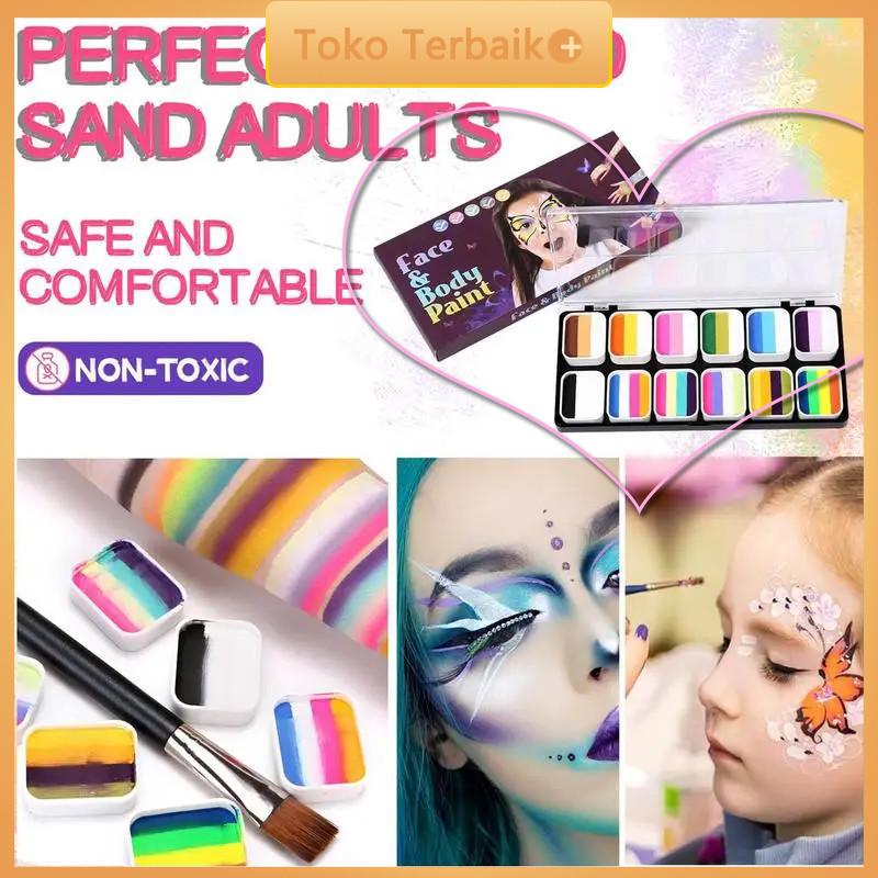 

12 Warna Palette + 2 Kuas Makeup untuk Cat Wajah Face Painting Paint Make Up Tool