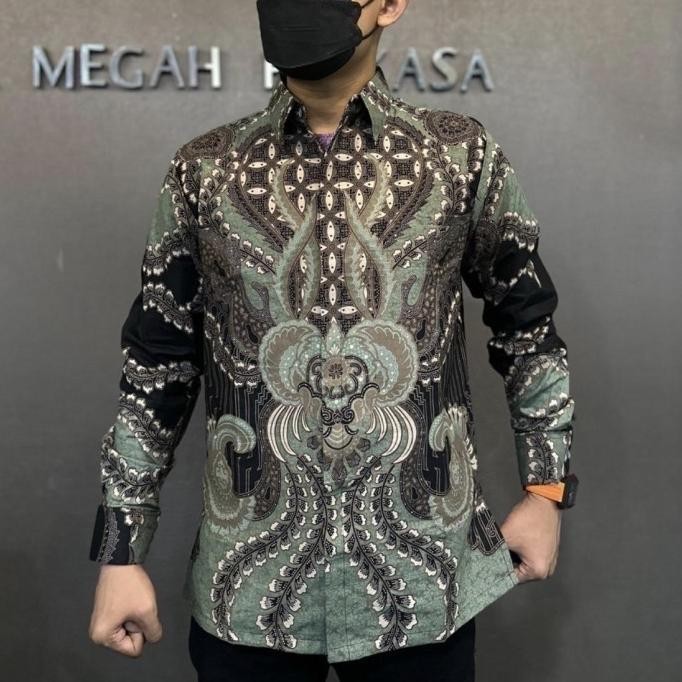 Kemeja batik pria lengan panjang sage green new motif