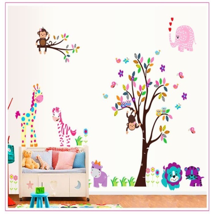 (Txxl) Wall Sticker Pohon Hewan Anak Tree Animal Owl Zoo Df5099 Stiker