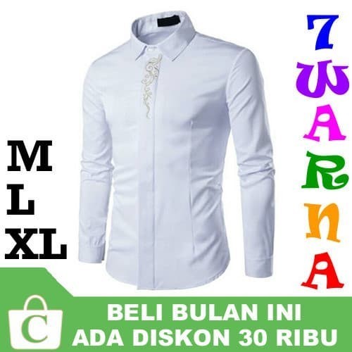 BRG BARU Kemeja Koko Pria Lengan Panjang Dada Bordir Premium PUTIH EMAS