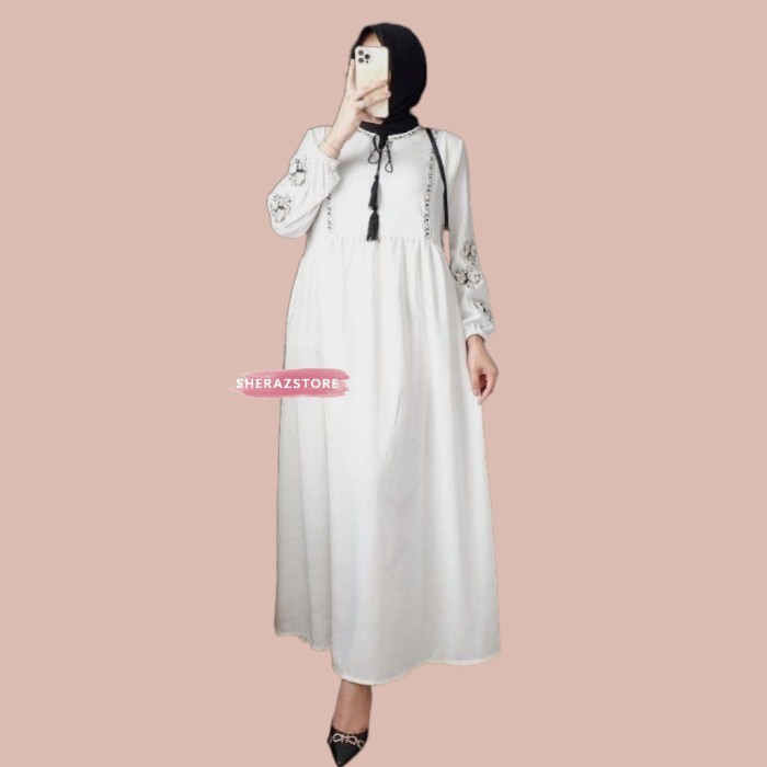 DISKON Nayla Dress - Gamis Putih Hitam Bordir Kondangan Wanita Remaja Simple