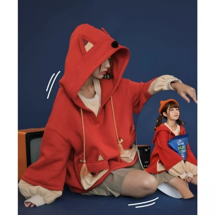 READY JAKET KITSUNE FOX KAWAII HOODIE TELINGA RUBAH LUCU
