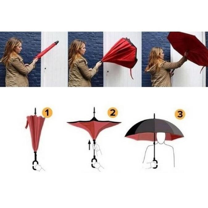 Payung Lipat Otomatis Payung Terbalik Gagang C Payung Hujan Mobil