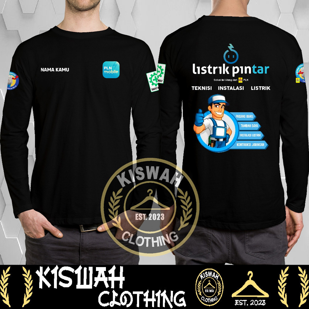 Kaos Tshirt PLN Mobile Listrik Pintar Teknisi Instalasi Listrik Gratis Nama Kamu DB Lengan Panjang B