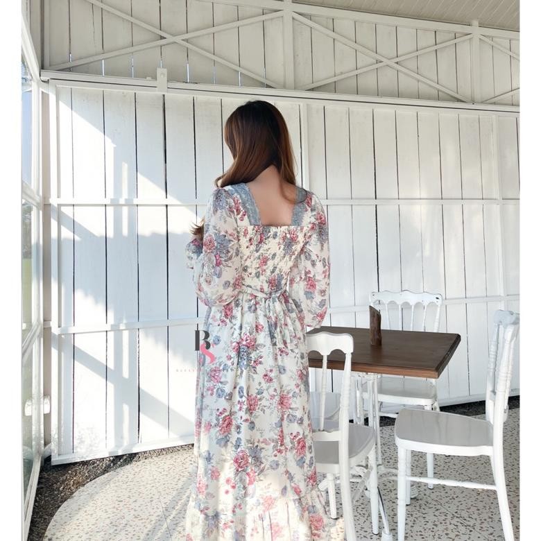 MILIKI D1374 MAHIRA KOREAN STYLE FLORAL VINTAGE MIDI DRESS BUNGA PANTAI LENGAN PANJANG HIJAB BUMIL T