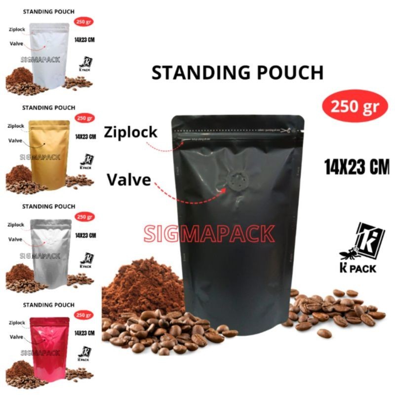 KEMASAN KOPI 250GR STANDING POUCH  + VALVE (isi 50pcs)