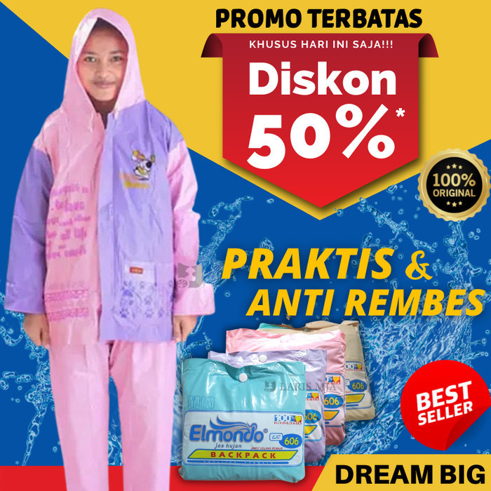 Jas Hujan Anak Perempuan Sd Umur 6-10 Tahun Setelan Elmondo Jas Ujan