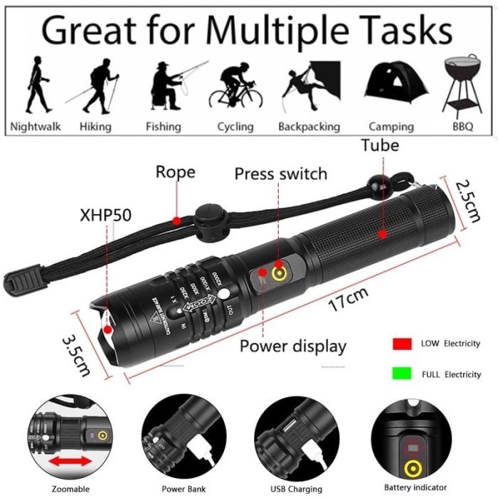 TERBARU Lampu Senter LED 50000 Lumens 18650 USB XHP50 untuk Berburu