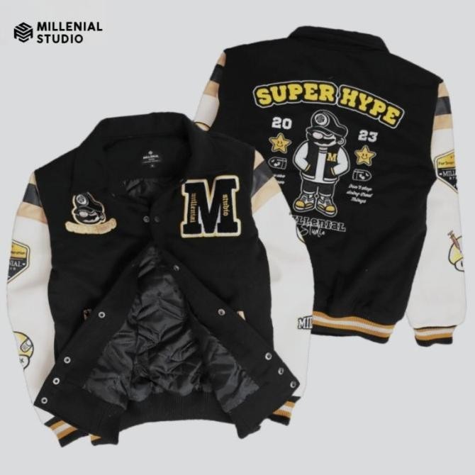 Millenial Varsity Jacket Super Hype Black | Jaket Varsity Kerah Bordir Xabolxa