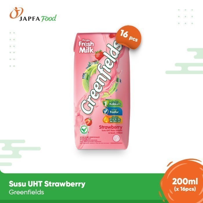 

Greenfields Susu UHT Strawberry 200 ml - isi 16 pcs - 100% Fresh Milk dari Greenfields Farm