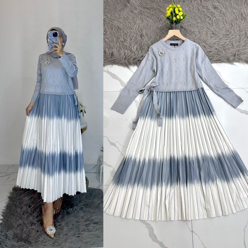 Dress Rajut Mix Plisket Baju Lebaran Plisket