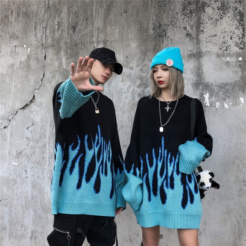 [HEAT IT UP] THE NEWEST Dark Icon Sweater Korean Style Pria Switer Crewneck Pria Dewasa Blue Flame