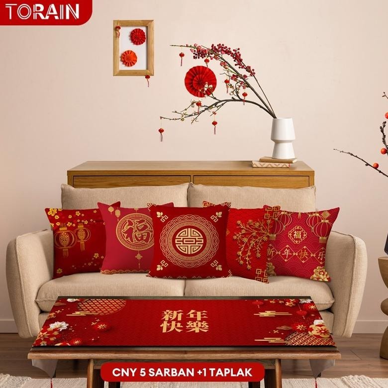 TORAIN Hari Raya Imlek Linen Sarung Bantal Sofa 40*40cm + Taplak Meja Dekorasi CNY Rumah 6 Buah Alas
