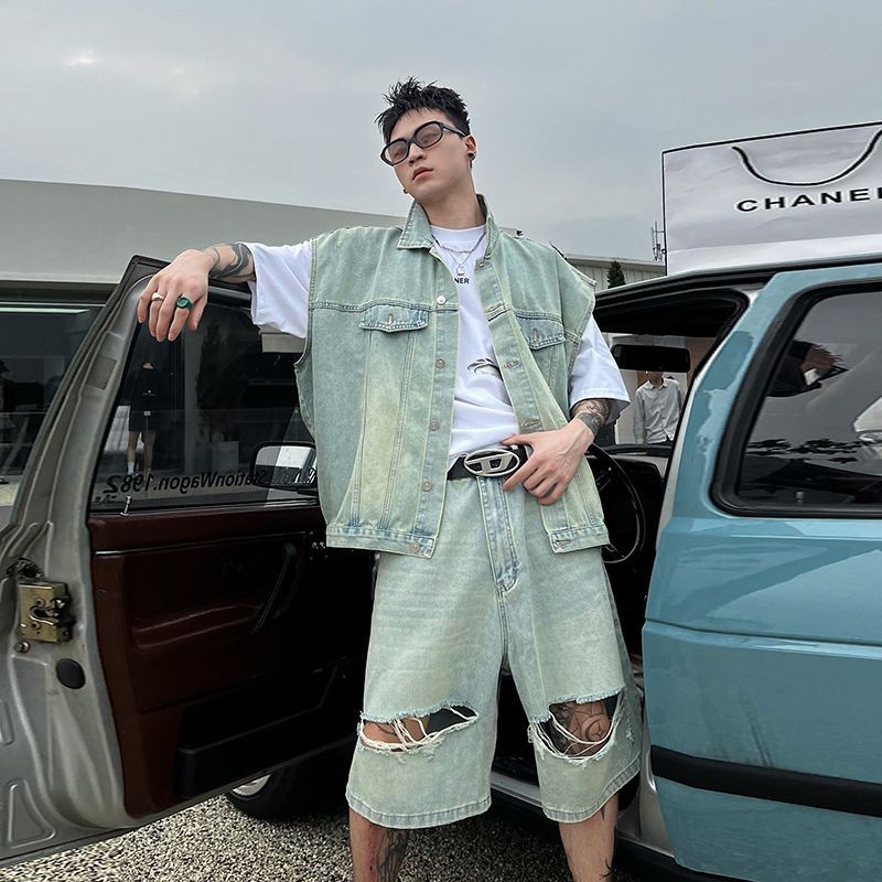 Pria2024Rompi Denim Sobek Pu Setelan Tipis Tanpa Lengan Tampan