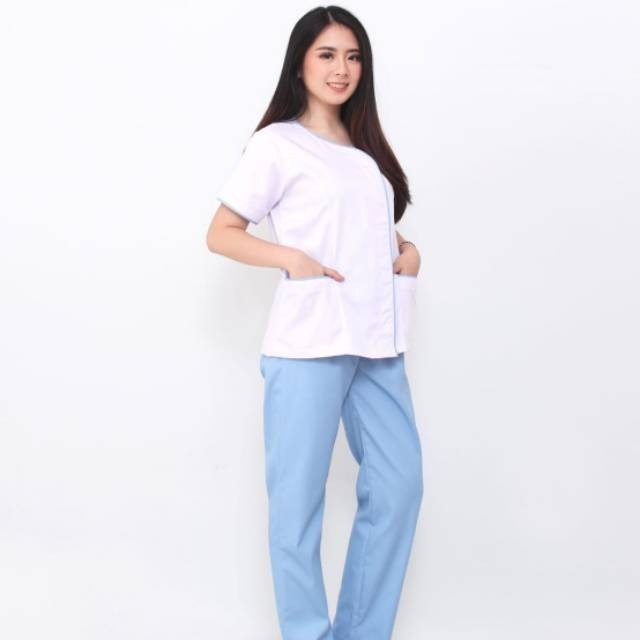 Seragam Baby Sitter Zoe White Blue / Baju Baby Sitter / Baju Suster