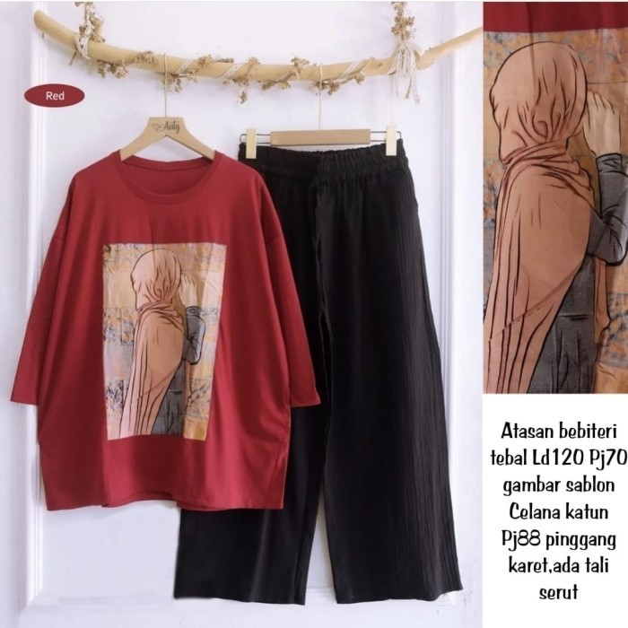 Setelan Celana Wanita Jumbo Atasan Kaos Sablon Baju Rumah One Set Ootd
