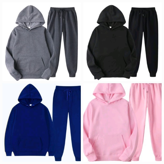 Setelan Sweater Hoodie Polos Celana Panjang Olahraga Pria Wanita Set