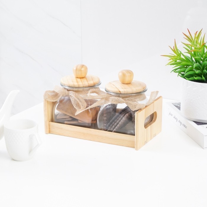 Hariya Set Toples Kaca Tutup Kayu Stoples Kue