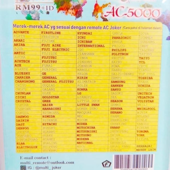 lge REMOT REMOTE AC SAMSUNG/SANKEN/SANYO/TCL/SHARP/TOSHIBA MULTI/UNIVERSAL