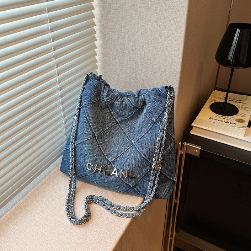 Women's French Retro Diamond Chanel's Style Large Capacity Totes Denim Chain Shoulder Bag