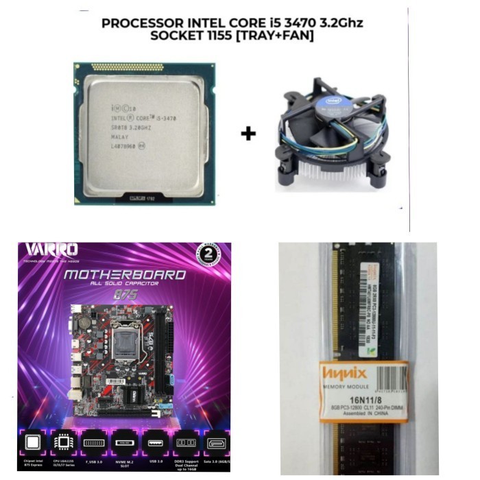 Terlaris Motherboard Varro H61 + Processor Core I5 Lga 1155 + Ram 8Gb