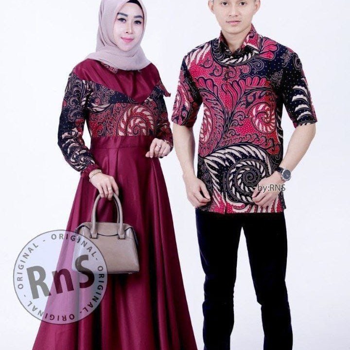 BATIK COUPLE GAMIS KOMBINASI POLOS BAJU GAMIS WANITA MUSLIM TERBARU - Merah, Kemeja Pendek