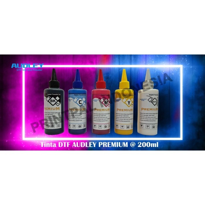 

Ready Tinta DTF (Digital Transfer Film) merk AUDLEY Premium 200 ML B,C,M,Y,W