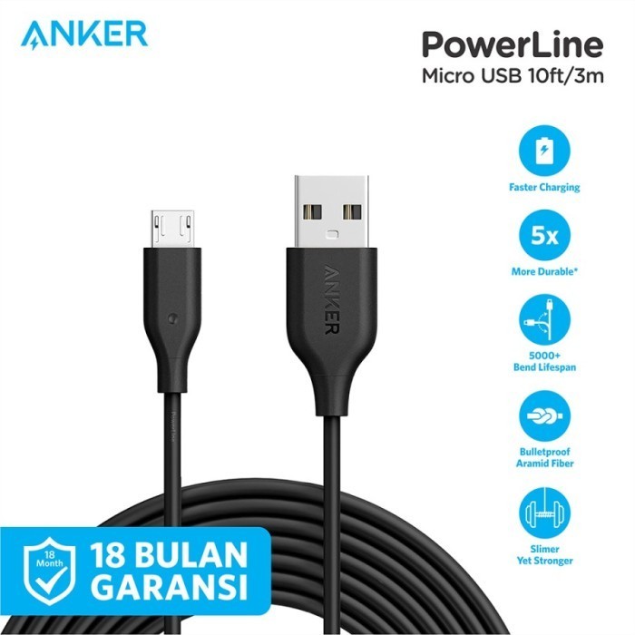 Kabel Charger Anker PowerLine Micro USB 10ft/3m - A8134