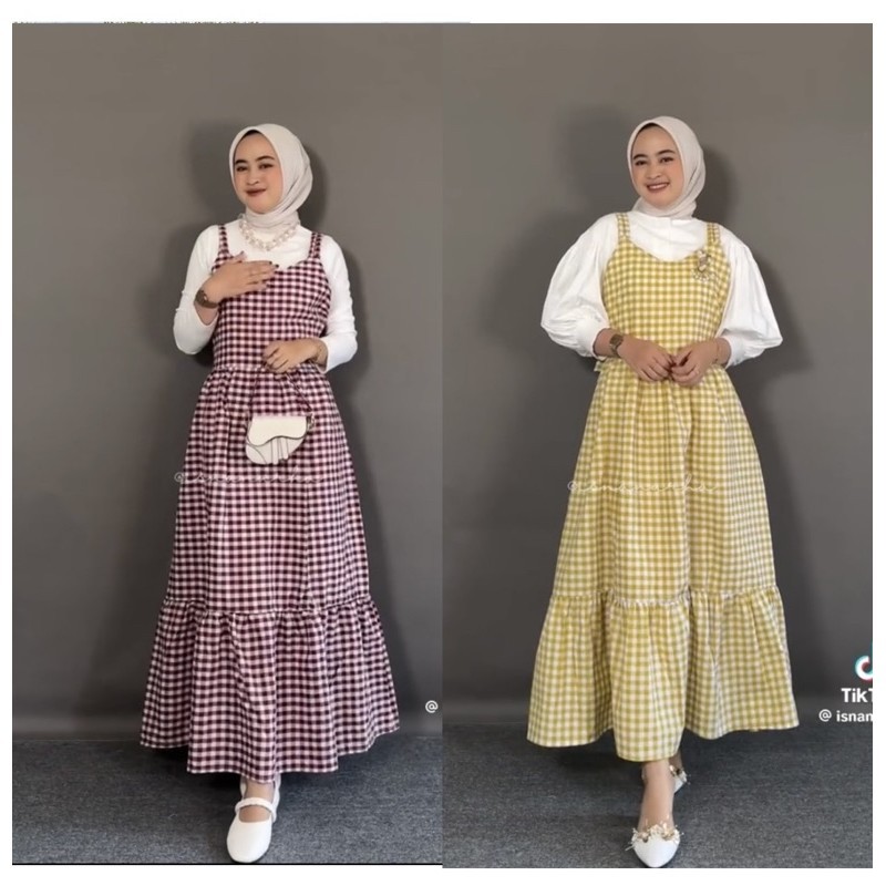 Overall Tunik Katun Kotak-Kotak dengan Pita - Korean Style