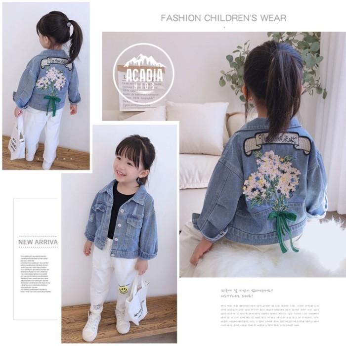 Jaket Anak Perempuan Bouquet Jeans Lengan Panjang Bordir Bunga Import