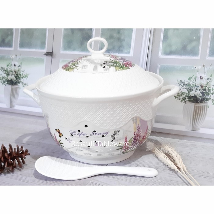 Tempat Nasi Keramik Fiorenza Sangku Nasi Motif Lavender - Premium