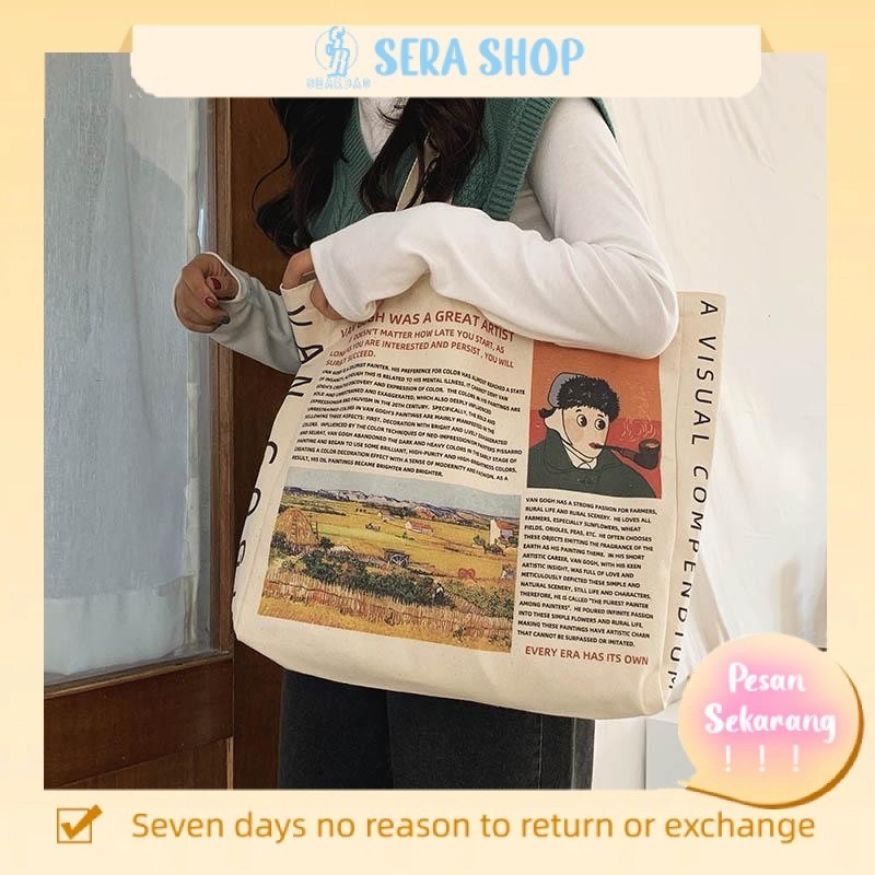 

✼❈Sera Oasis/Desain Asli Van Gogh Kartun Retro Seni Sekitarnya Tas Kanvas Sederhana Serbaguna Tas Bahu Kapasitas Besar