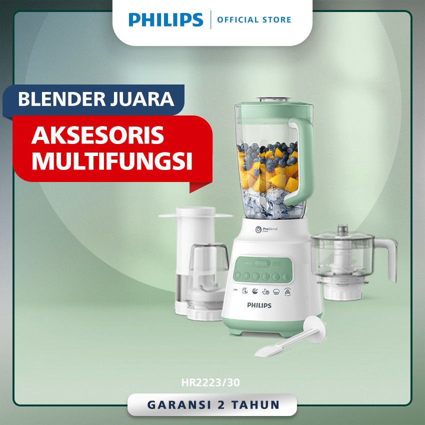 Philips Blender 5000 Series HR2223/30- Jar Plastik 2 L - Aksesoris Multifungsi -Chopper, Dry Mill, Filter- Problend Crush Technology - Mudah dibersihkan - Dessert Green