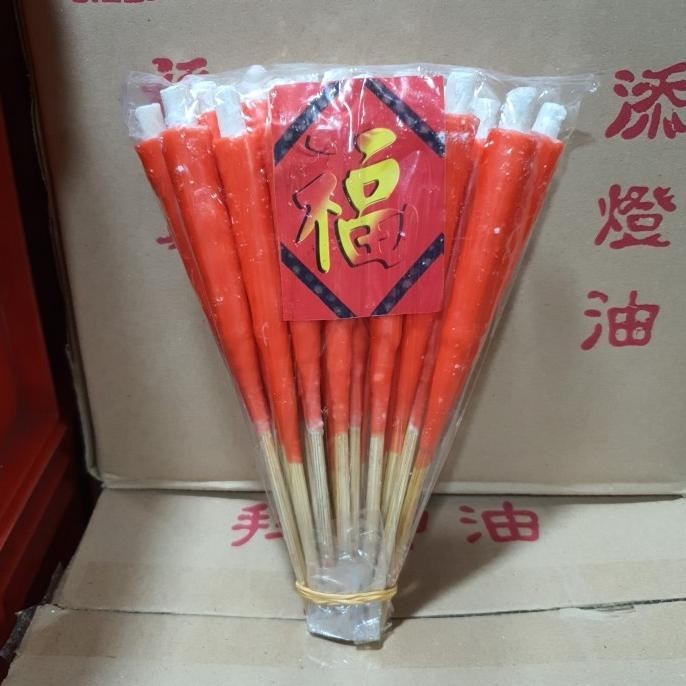 New - Lilin Merah Tusuk Kaki Bambu (Joss Candle) Isi 20 batang