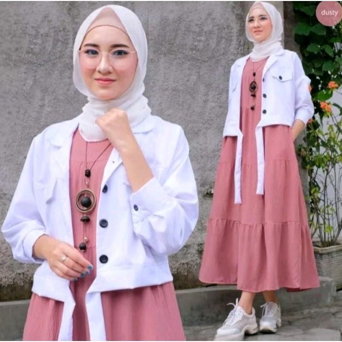 Baju Gamis Wanita Terbaru Baju Lebaran Dress Valen Set Dress + Outer 2In1 Set Crinkle Airflow Kekini