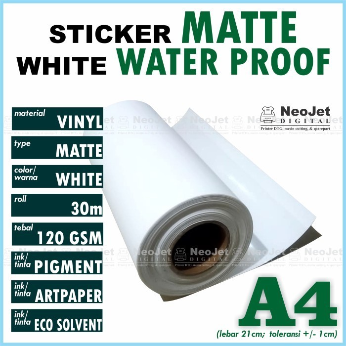 

Stiker Sticker Vinyl Matte Inkjet Water Proof Doff Doft Mate A4 Putih
