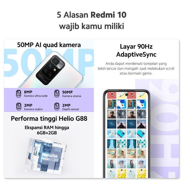 Official Xiaomi Redmi 10 2022 (6/128GB) Helio G88 50MP AI Quad Kamera Layar FHD+ 6,5