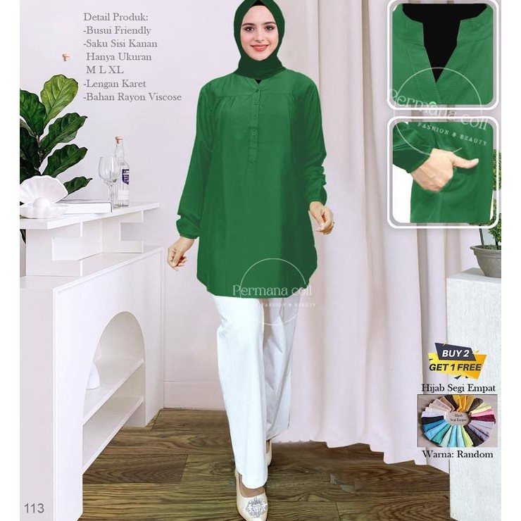 Baju Atasan Blouse Wanita Kemeja Lengan Panjang Hijau Jumbo Dewasa