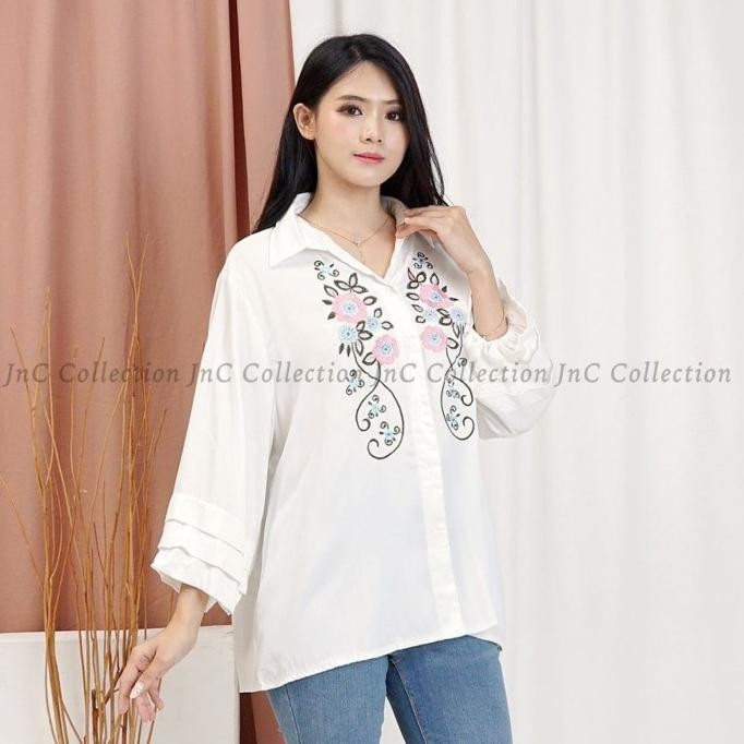 Blouse Jumbo Katun Atasan Putih Oversize Bordir Bunga Ld 120 -Whitney