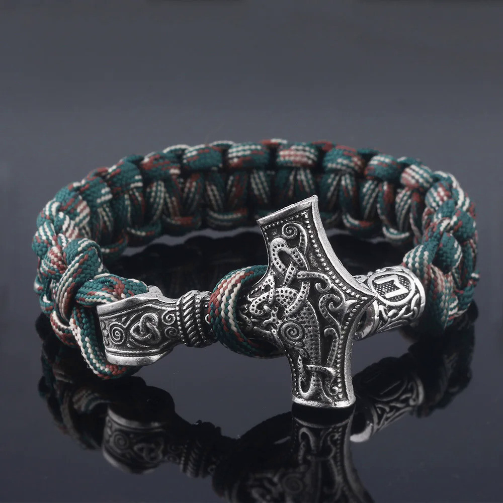 Kuno Norse Viking Gelang Pria Thor Mjolnir Palu Paracord Jimat Manik-manik Buatan Tangan Bungkus Tal