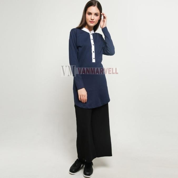 Vm Tunik Biru Dongker Lengan Panjang Wanita - Blouse Muslim Wanita Nav
