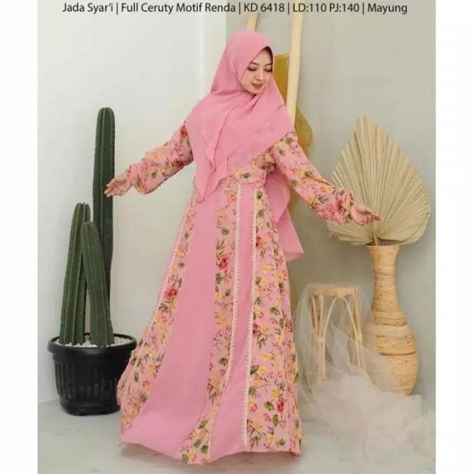 Set Khimar Dan Maxi Dress Ceruty Renda Motif Bunga Gamis Syari Mayung