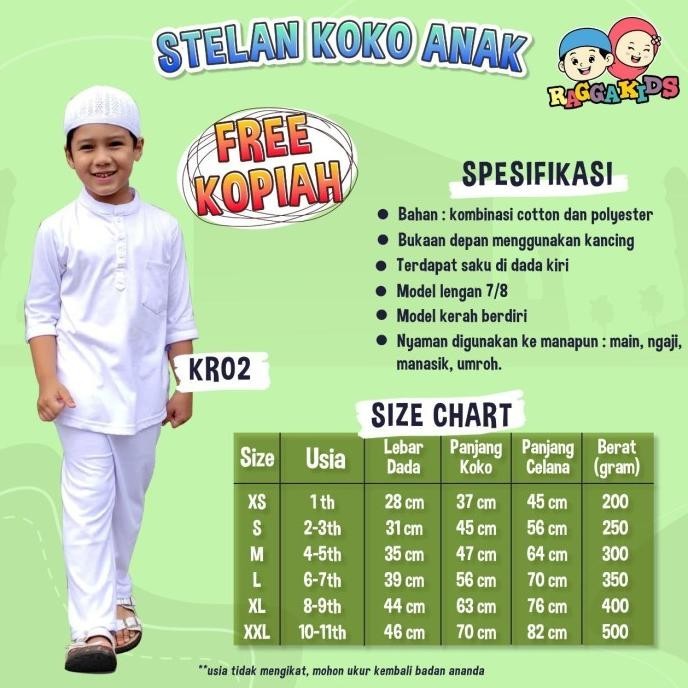 Kaos Kurta Putih Anak Laki-Laki Raggakids Set Baju Muslim Koko 2-10Th