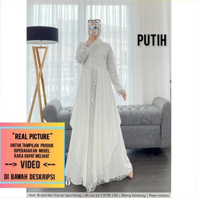 Baju Gamis Pesta Muslim Wanita Abaya Brokat Brukat Dress Maxi Putih