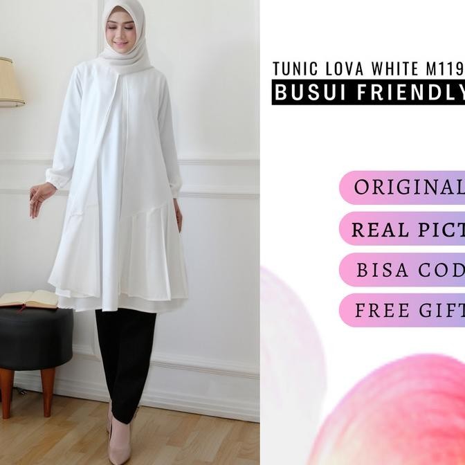 Busui Friendly Baju Atasan Zipper Depan Tunik Panjang Putih Lova M1199