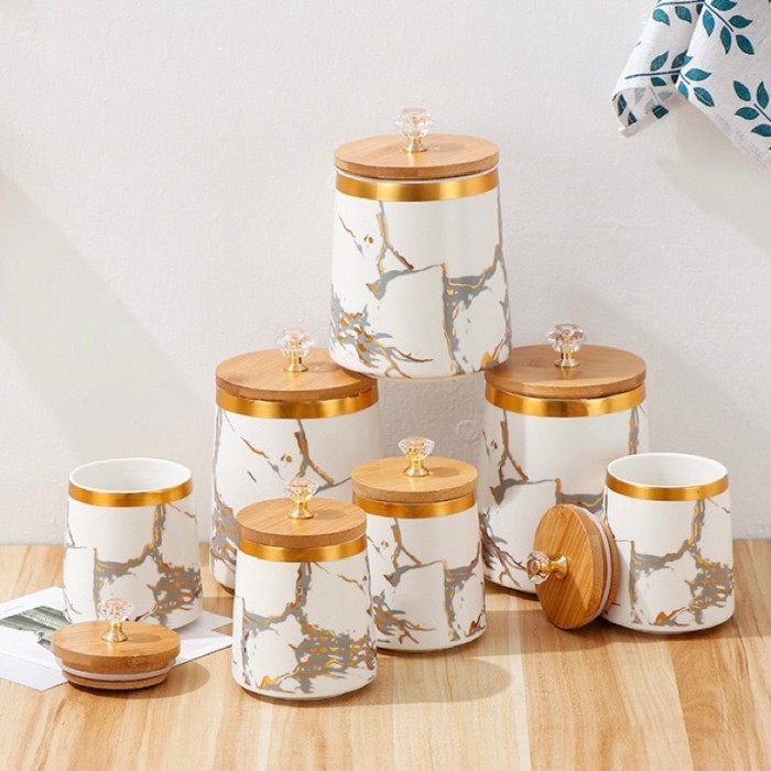 SATUAN Toples Keramik Marble Tutup Kayu kedap udara hitam putih emas